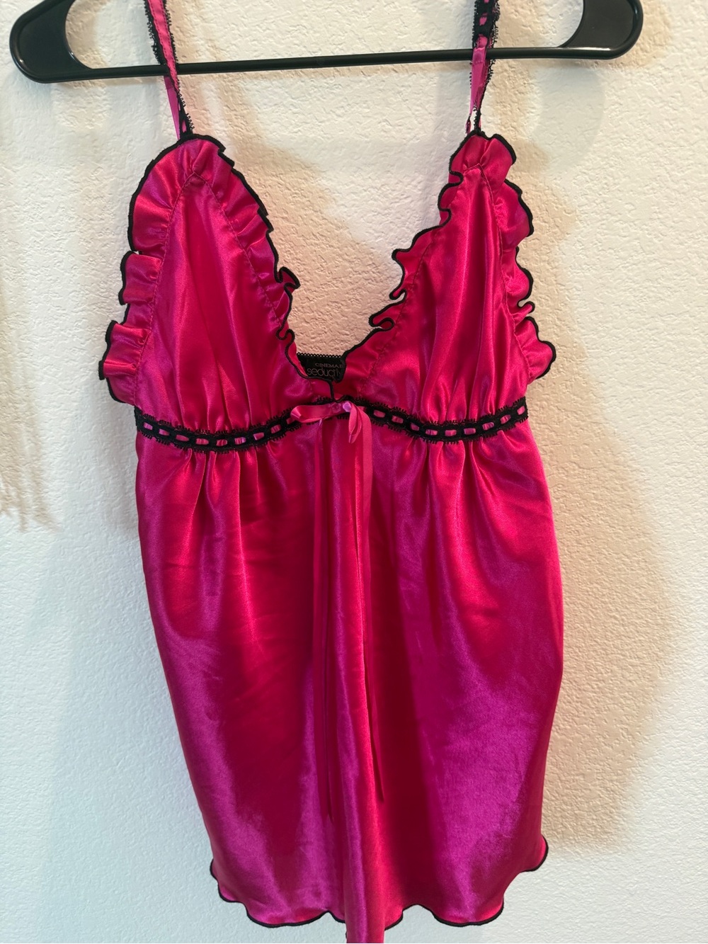 Ruffled Satin Chemise in Hot Pink with Black Trim